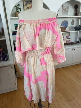 Farm Rio - Off-Shoulder Tropical Dress in Pink and Cream - from ipanema store